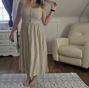 House of Harlow 1960 Linen Midi Dress | Neutral Beige | Size S